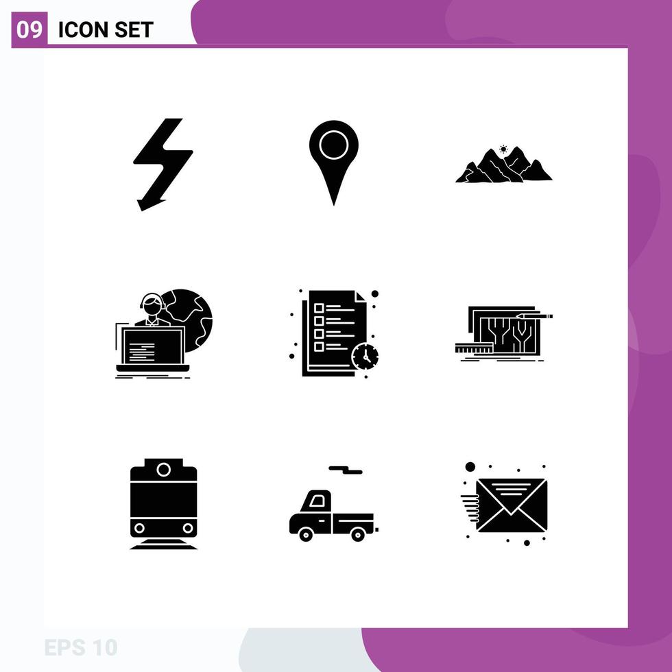 Pack of 9 Modern Solid Glyphs Signs and Symbols for Web Print Media such as reading time human landscape allocation outsource Editable Vector Design Elements