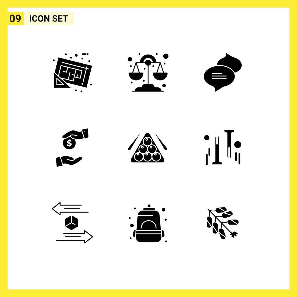 Group of 9 Modern Solid Glyphs Set for sport ball chatting corrupt bribery Editable Vector Design Elements