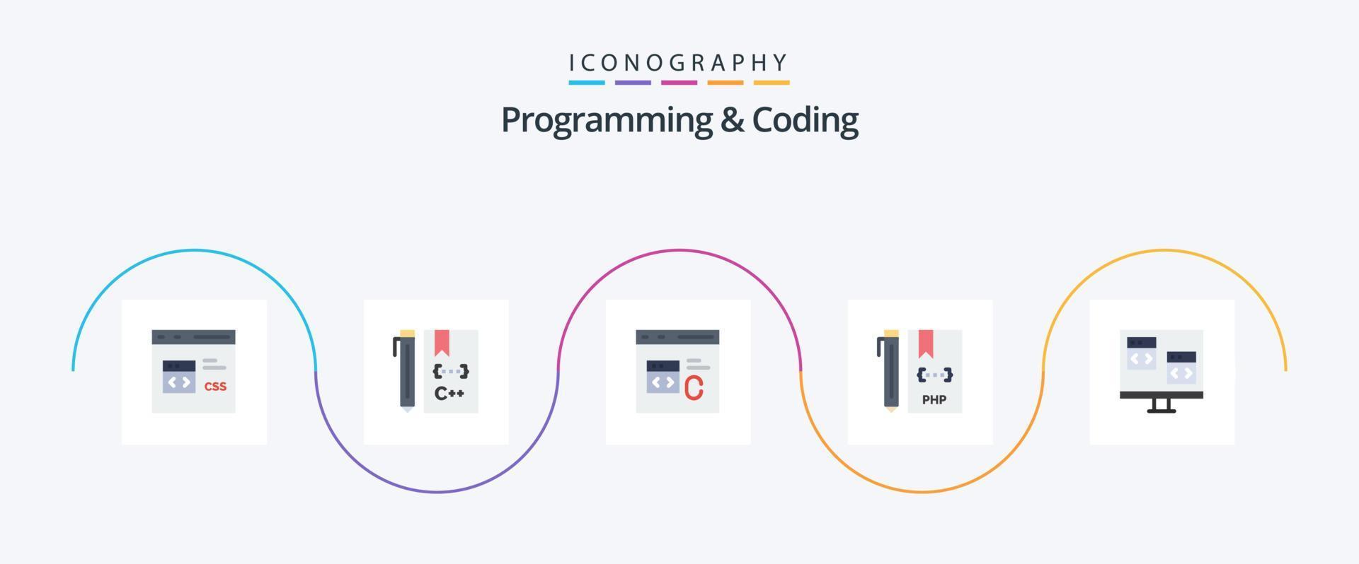 Programming And Coding Flat 5 Icon Pack Including computer. app. develop. php. development vector