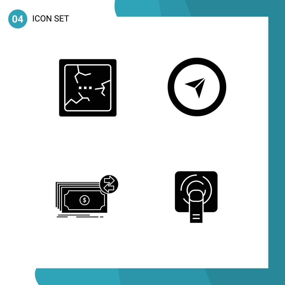 Pictogram Set of 4 Simple Solid Glyphs of broken flow cursor banknotes finger Editable Vector Design Elements