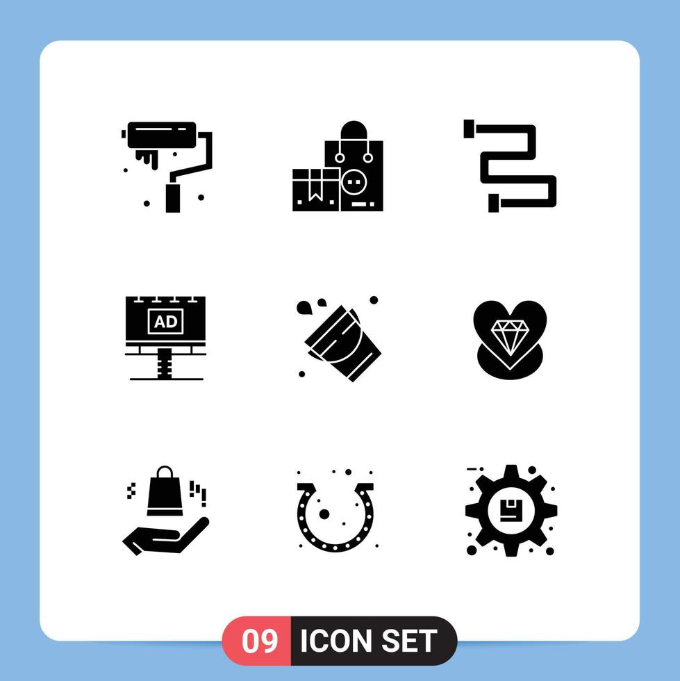 Mobile Interface Solid Glyph Set of 9 Pictograms of bucket billboard valentine banner ad Editable Vector Design Elements