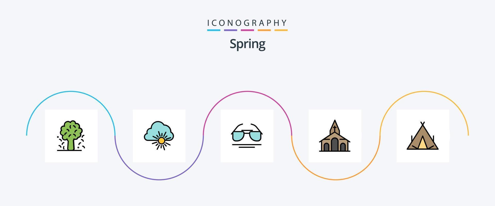 paquete de iconos de 5 planos llenos de línea de primavera que incluye campamento. iglesia. sol. Navidad. primavera vector