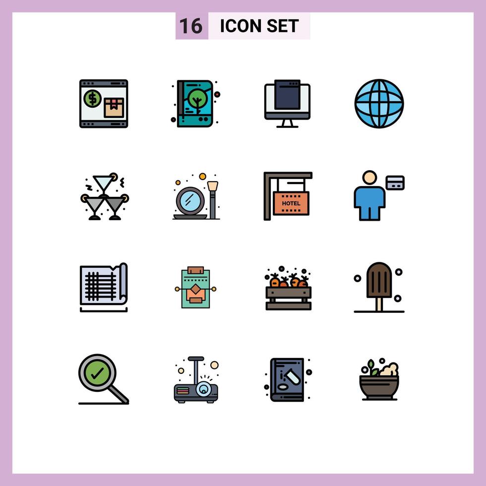 Set of 16 Vector Flat Color Filled Lines on Grid for education world notebook popup device Editable Creative Vector Design Elements