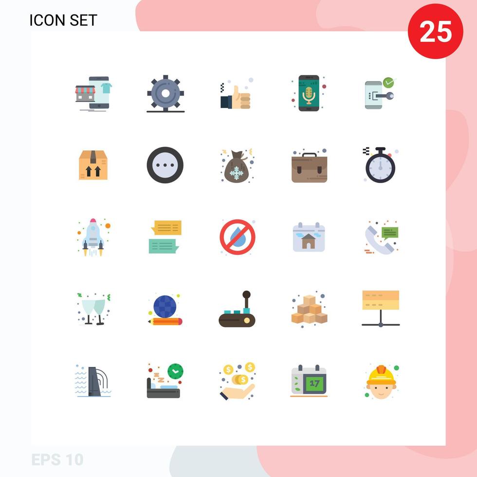 Mobile Interface Flat Color Set of 25 Pictograms of music recorder mobile app page solution hand Editable Vector Design Elements