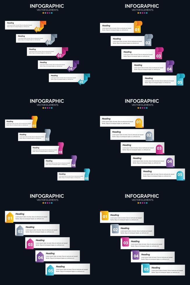 plantilla de diapositiva de presentación del paquete de infografías vectoriales 6 diagramas de ciclo de 5 pasos y líneas de tiempo vector