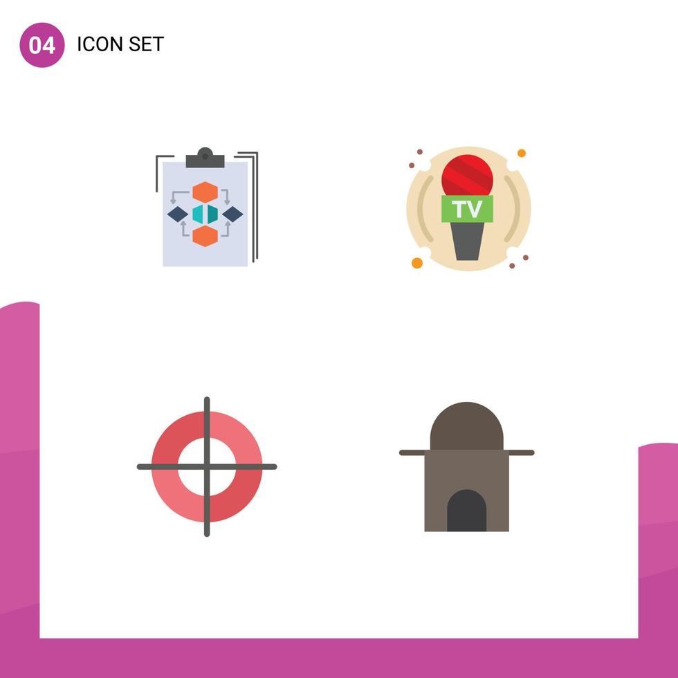 Set of 4 Modern UI Icons Symbols Signs for clipboard microphone flow workflow goal Editable Vector Design Elements