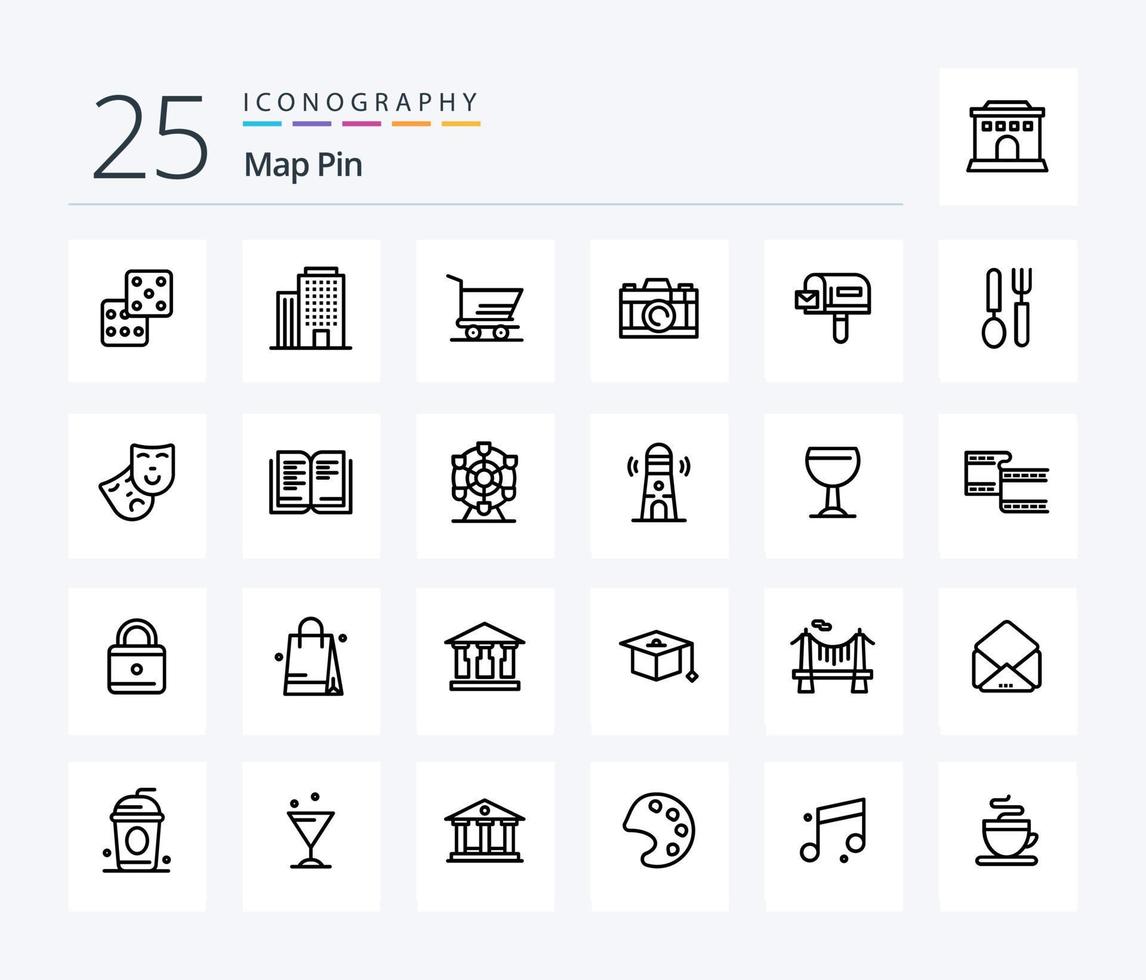 Map Pin 25 Line icon pack including dish. cutlery. trolley. shopping. box vector