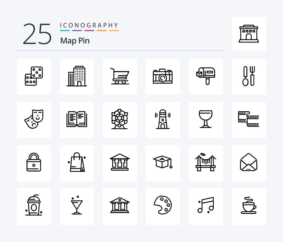 pin de mapa paquete de iconos de 25 líneas que incluye plato. cuchillería. carretilla. compras. caja vector