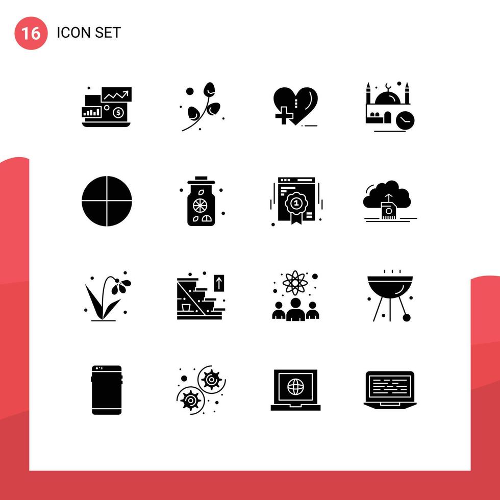 16 Thematic Vector Solid Glyphs and Editable Symbols of aspirin pray love masjid time Editable Vector Design Elements