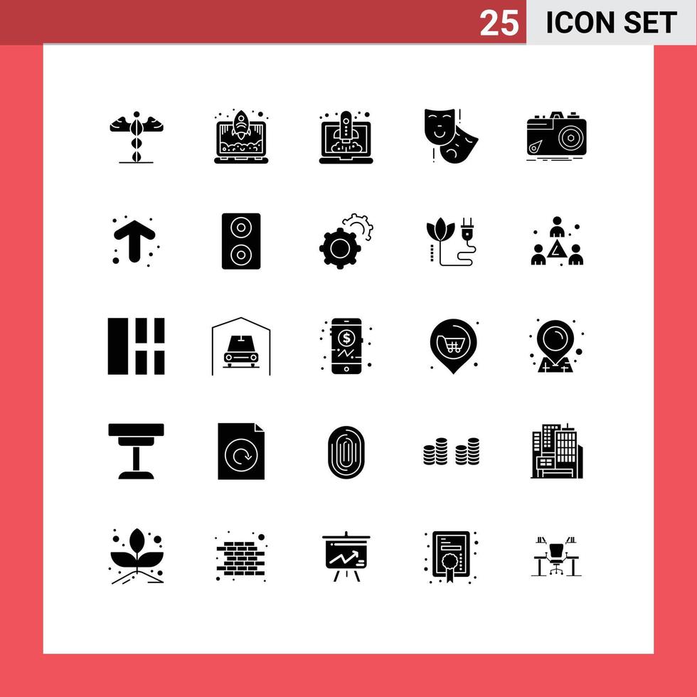 Universal Icon Symbols Group of 25 Modern Solid Glyphs of capture camera launching theater masks Editable Vector Design Elements