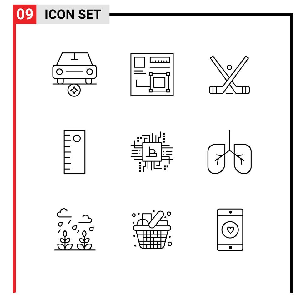 Pack of 9 Modern Outlines Signs and Symbols for Web Print Media such as bitcoin tool web ruler stick Editable Vector Design Elements
