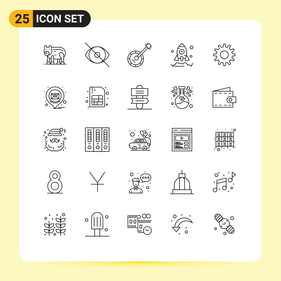 Mobile Interface Line Set of 25 Pictograms of cogs launch human business music Editable Vector Design Elements