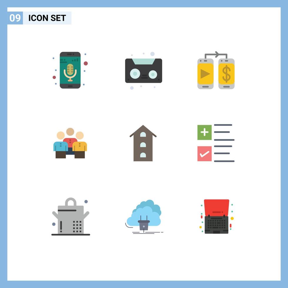 9 Universal Flat Color Signs Symbols of buildings team dollar protection group Editable Vector Design Elements