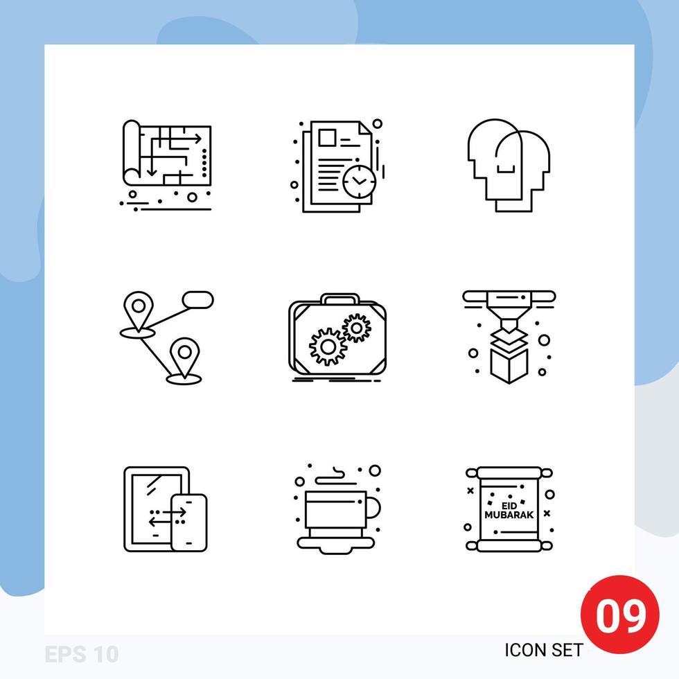 Mobile Interface Outline Set of 9 Pictograms of case map time location feelings Editable Vector Design Elements