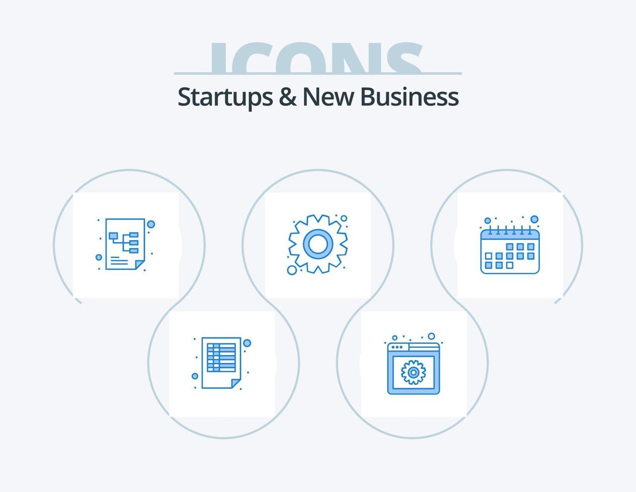 Startups And New Business Blue Icon Pack 5 Icon Design. . calendar. project. appointment. gear vector