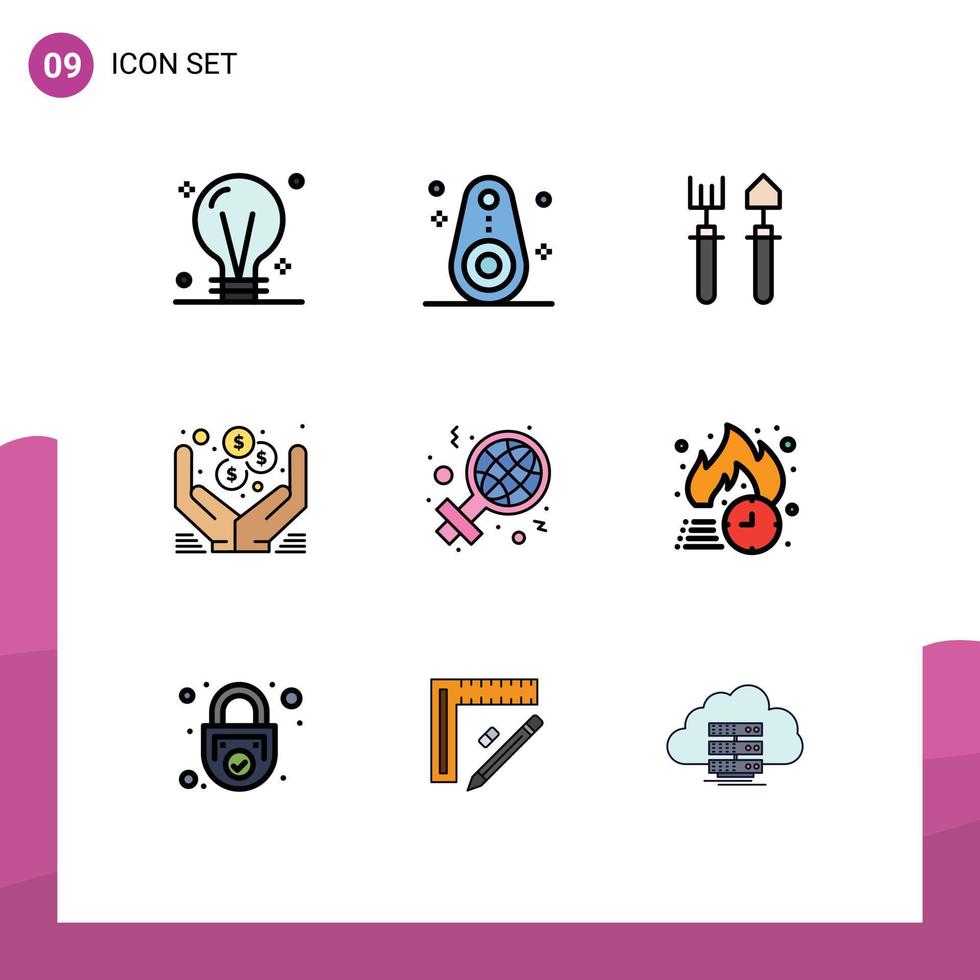 Modern Set of 9 Filledline Flat Colors and symbols such as day money tracked hands shovel Editable Vector Design Elements