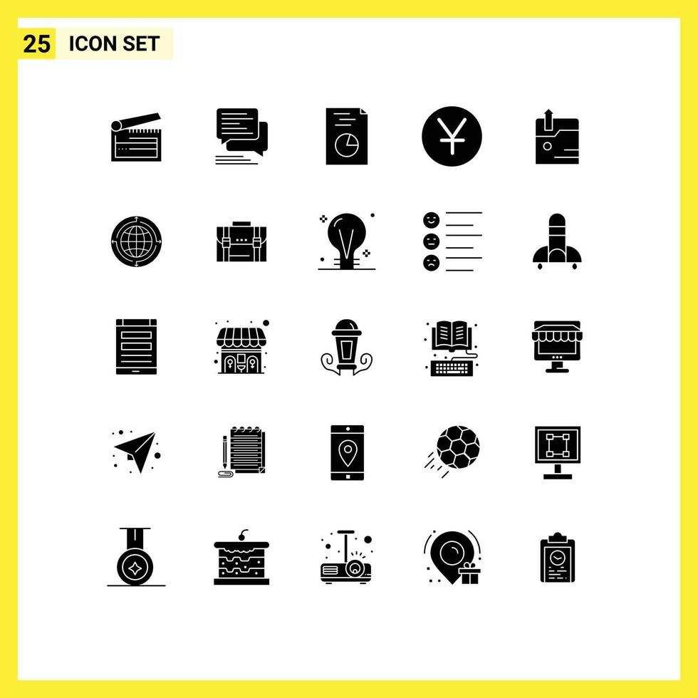 Modern Set of 25 Solid Glyphs and symbols such as technology yen sms coins report Editable Vector Design Elements