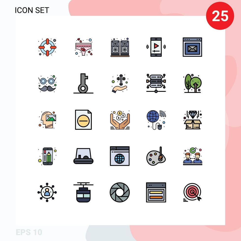 25 Thematic Vector Filled line Flat Colors and Editable Symbols of webpage browser sound video player app multimedia Editable Vector Design Elements