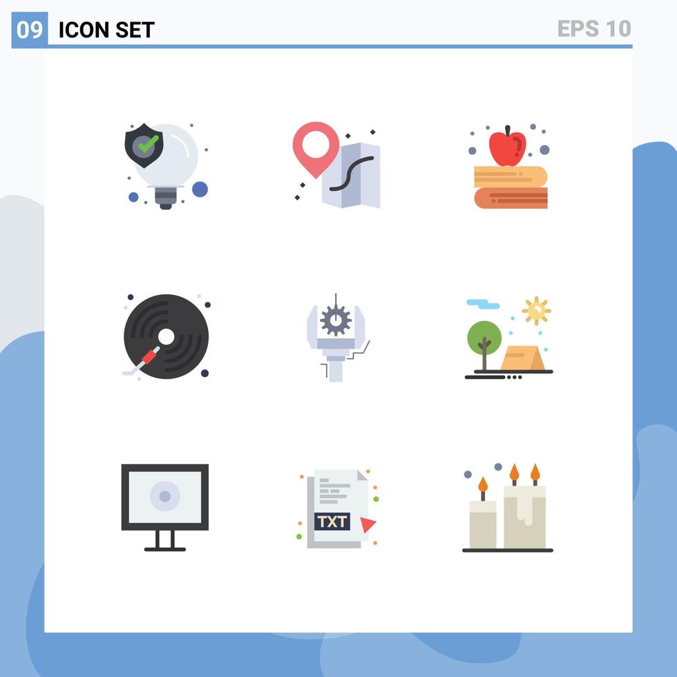 Flat Color Pack of 9 Universal Symbols of machine automation apple on book play music Editable Vector Design Elements