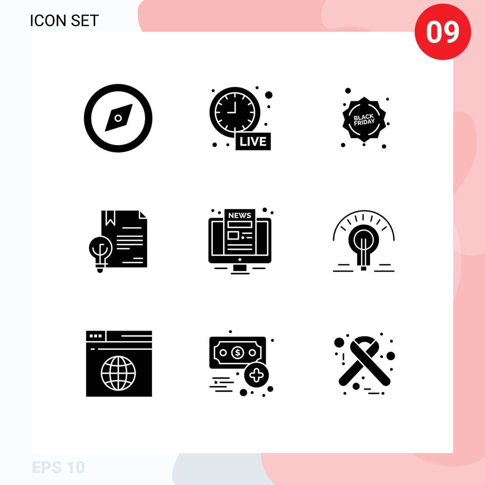 Set of 9 Commercial Solid Glyphs pack for news computer friday law digital Editable Vector Design Elements