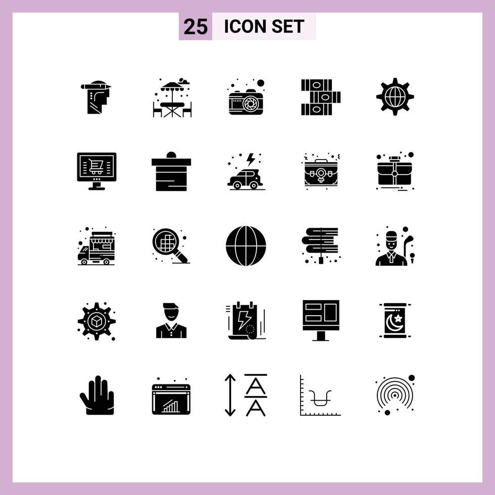 Solid Glyph Pack of 25 Universal Symbols of online globe photo world library Editable Vector Design Elements