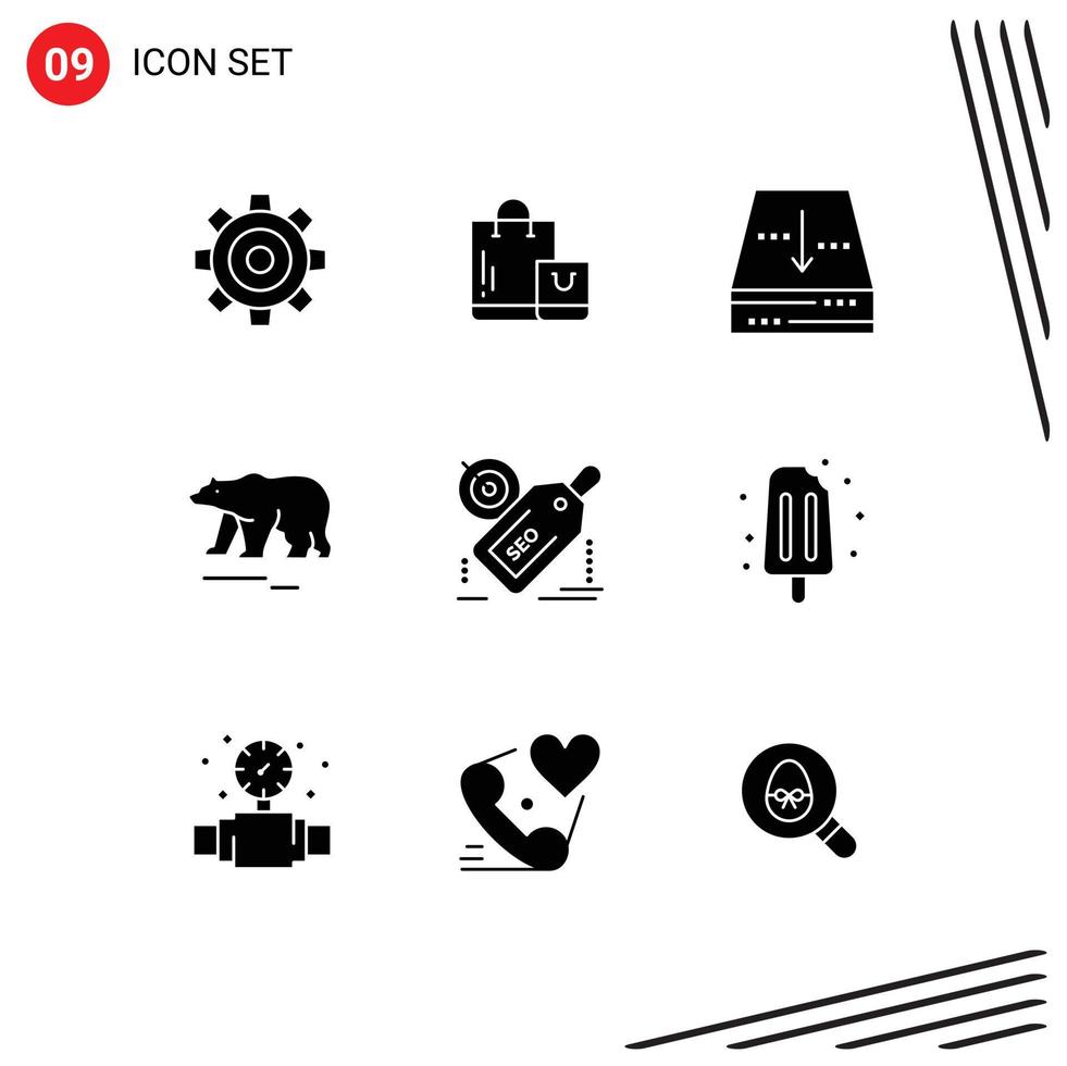 Editable Vector Line Pack of 9 Simple Solid Glyphs of tag polar shop bear down Editable Vector Design Elements