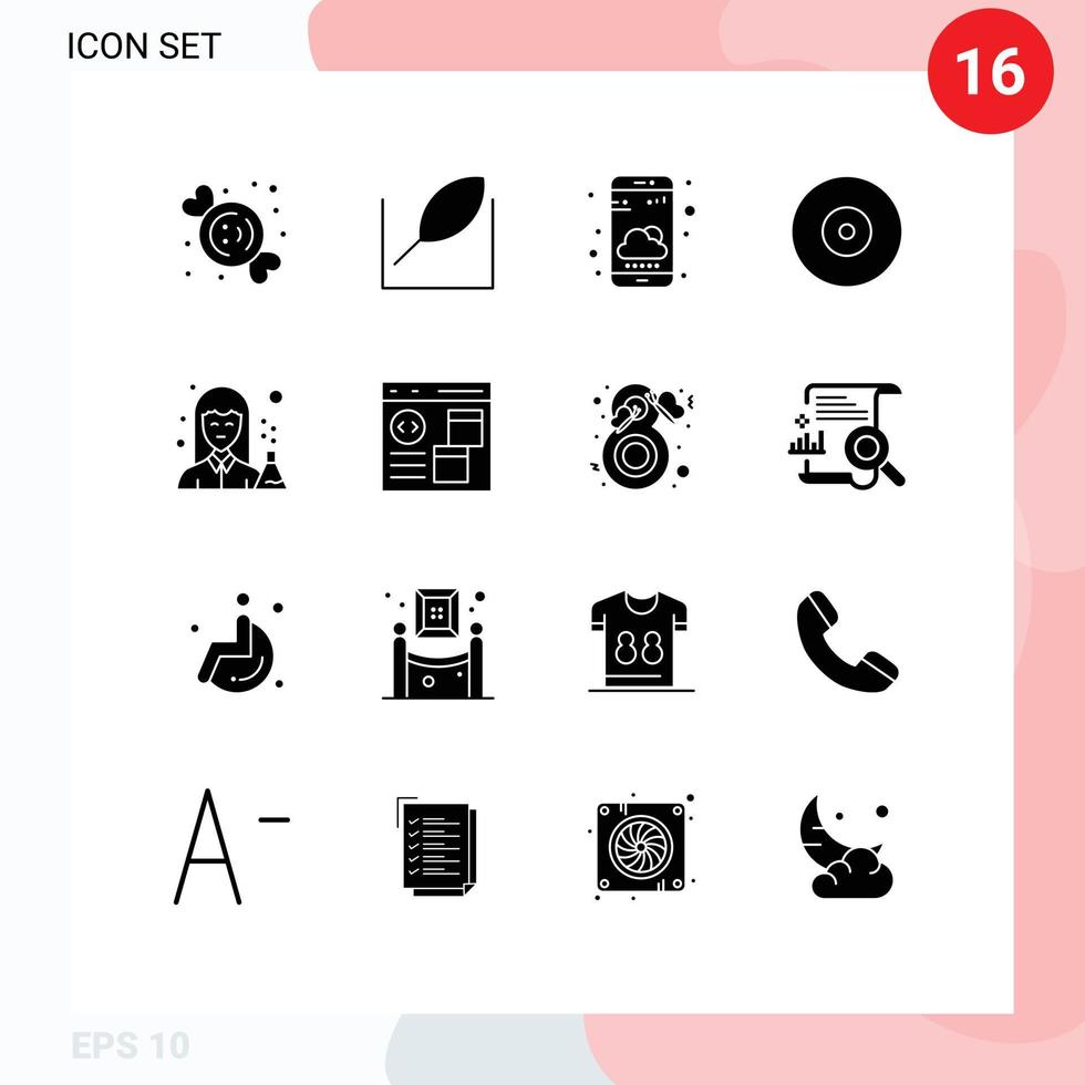 16 Universal Solid Glyphs Set for Web and Mobile Applications medicine chemist smartphone dvd ray Editable Vector Design Elements