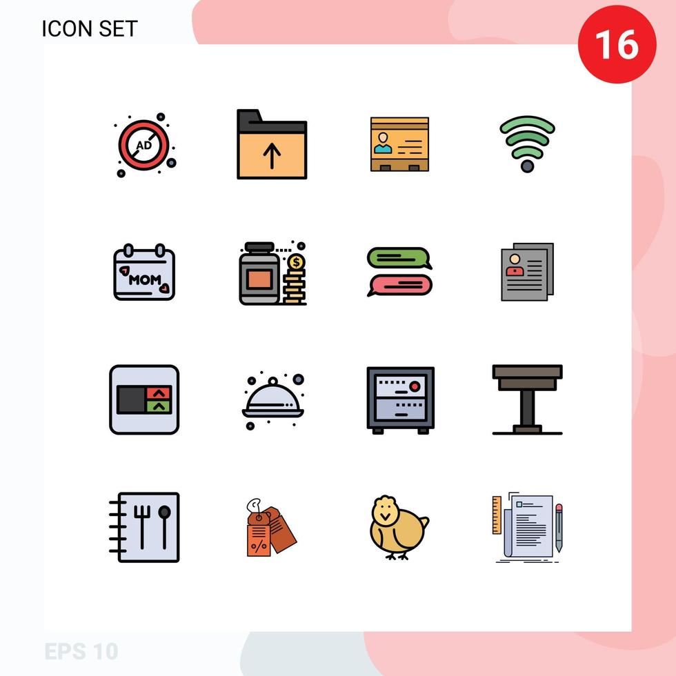 Group of 16 Flat Color Filled Lines Signs and Symbols for signal wifi id phone office Editable Creative Vector Design Elements