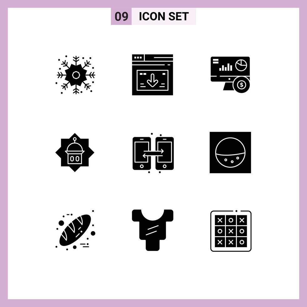 Pack of 9 creative Solid Glyphs of connection islam monitor masjid mosque Editable Vector Design Elements