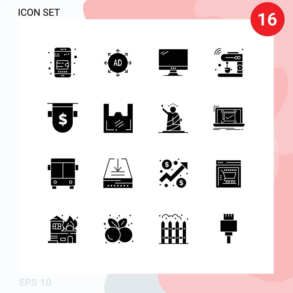 Set of 16 Modern UI Icons Symbols Signs for badges machine monitor iot coffee Editable Vector Design Elements