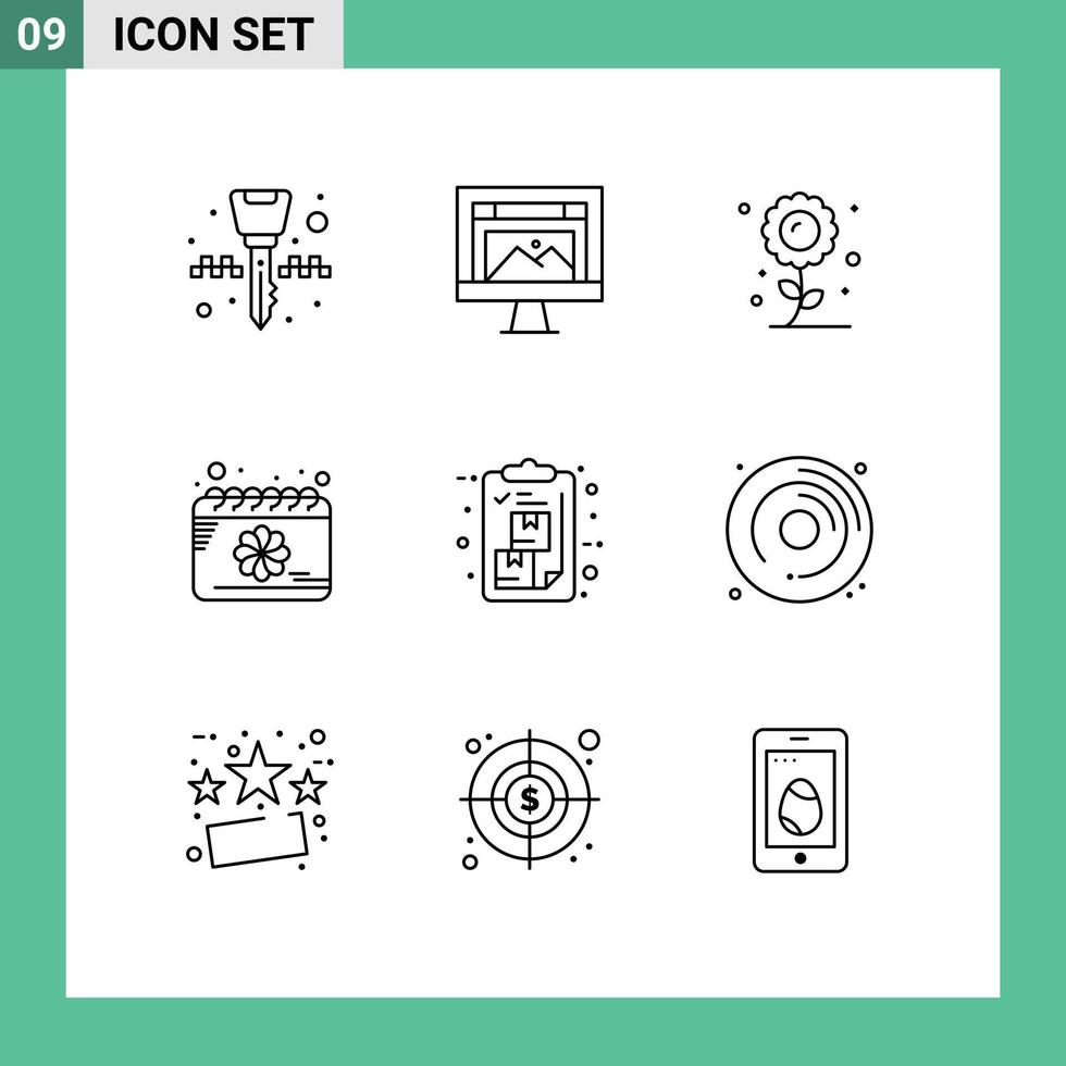 Set of 9 Commercial Outlines pack for box flower website date sunflower Editable Vector Design Elements