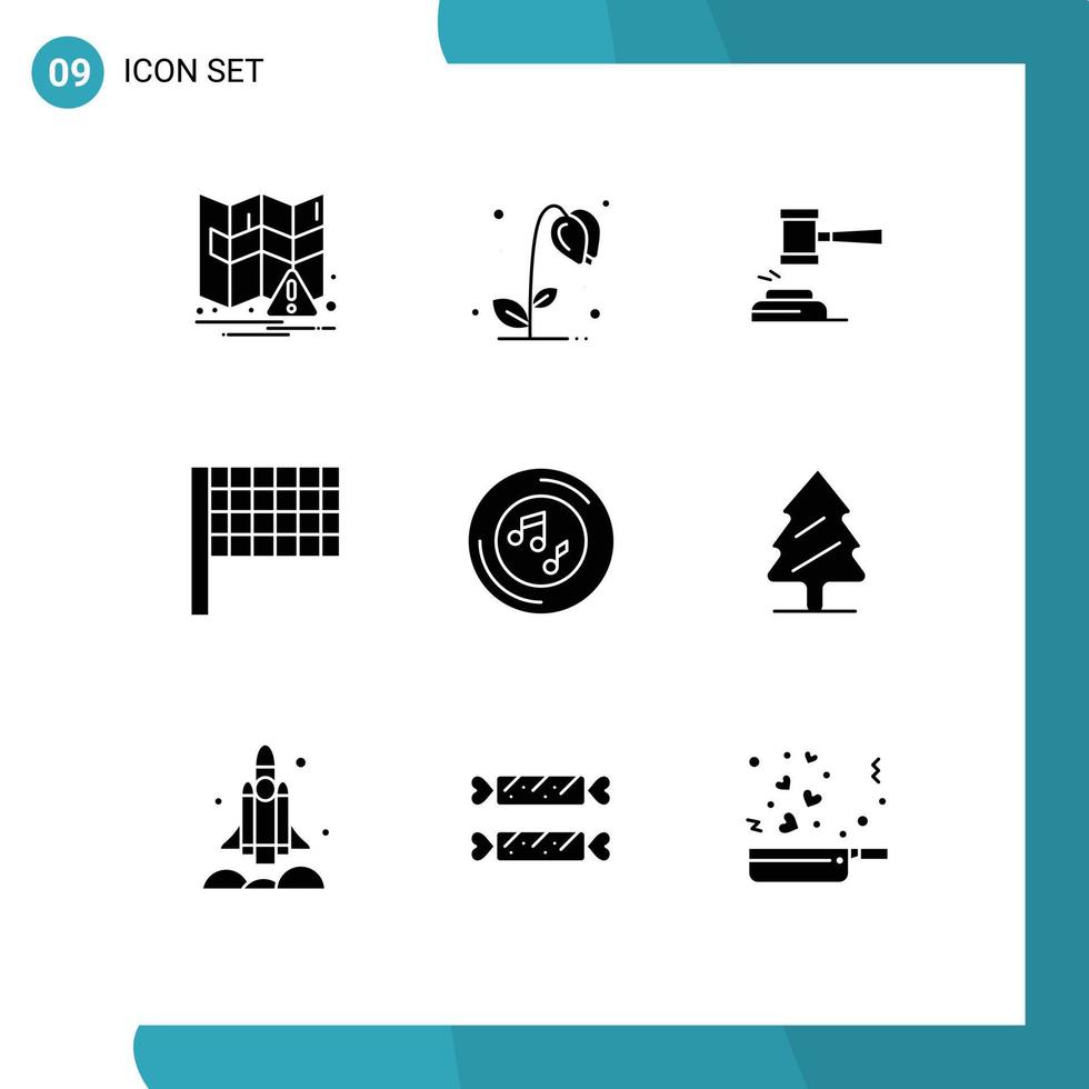 Modern Set of 9 Solid Glyphs Pictograph of music flag auction legal judge Editable Vector Design Elements