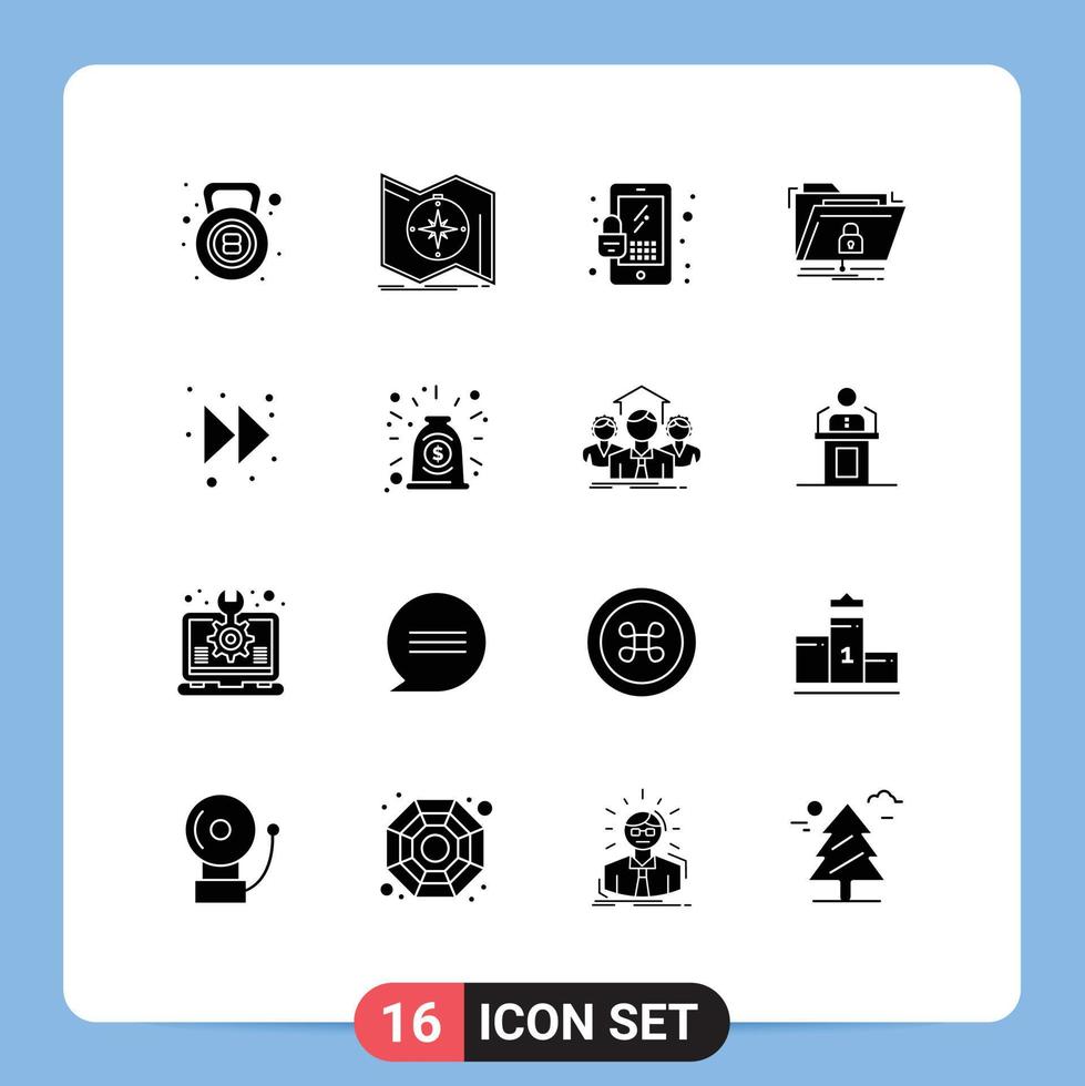 User Interface Pack of 16 Basic Solid Glyphs of arrow network navigation folder encryption Editable Vector Design Elements