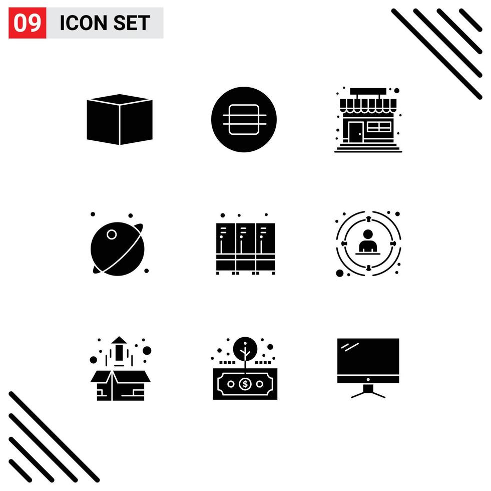 Group of 9 Modern Solid Glyphs Set for locker security shop system planet Editable Vector Design Elements