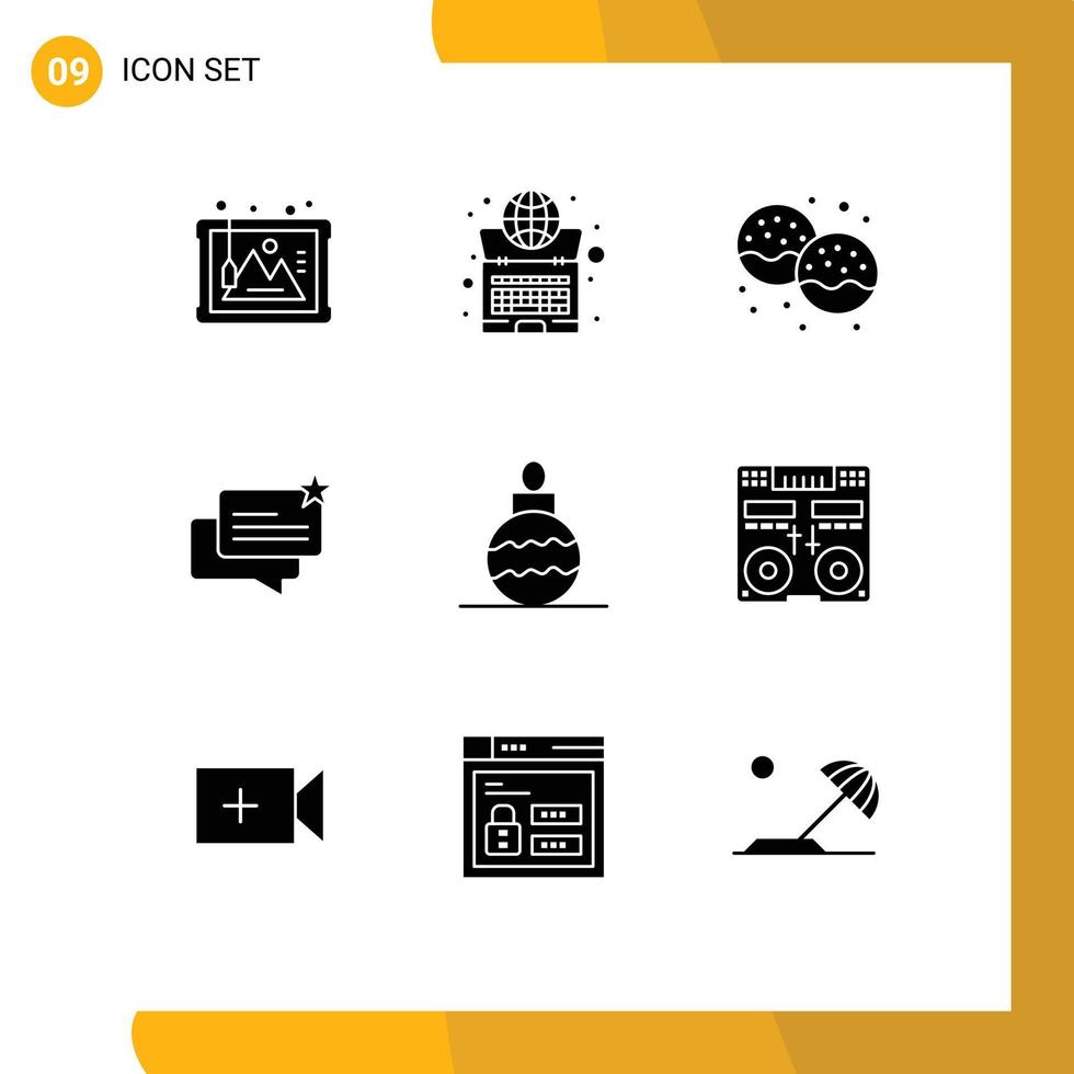 Mobile Interface Solid Glyph Set of 9 Pictograms of shop ecommerce laptop chat eat Editable Vector Design Elements