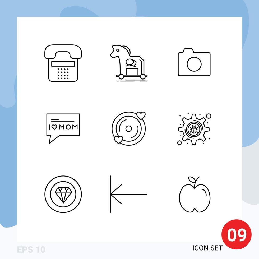 Modern Set of 9 Outlines Pictograph of disk love trojan message photo Editable Vector Design Elements