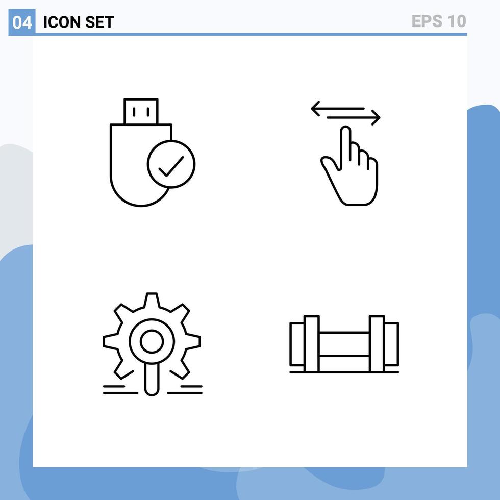 conjunto de línea de interfaz móvil de 4 pictogramas de computadoras gestos de hardware derecho engranaje elementos de diseño vectorial editables vector