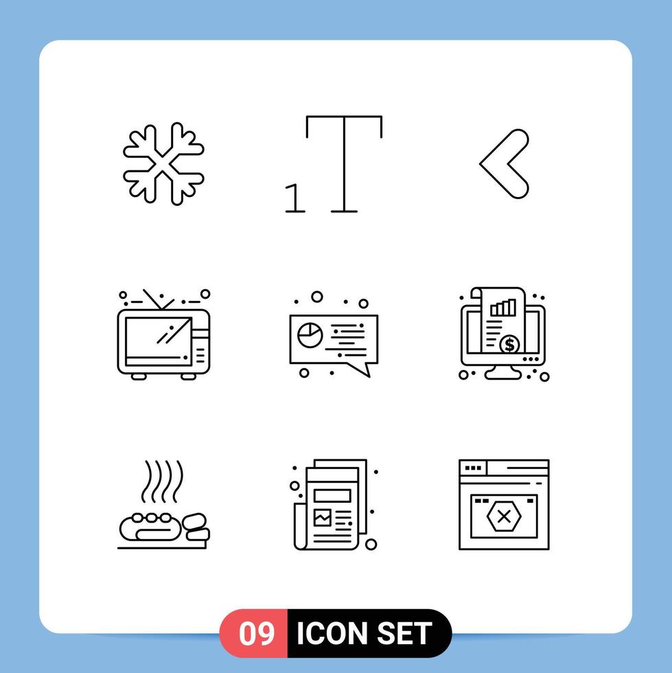 Set of 9 Commercial Outlines pack for kpi pie backword digital tv Editable Vector Design Elements