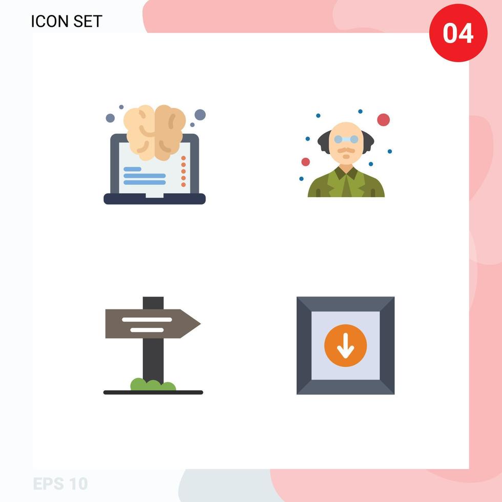 Universal Icon Symbols Group of 4 Modern Flat Icons of brain pointer think science download Editable Vector Design Elements