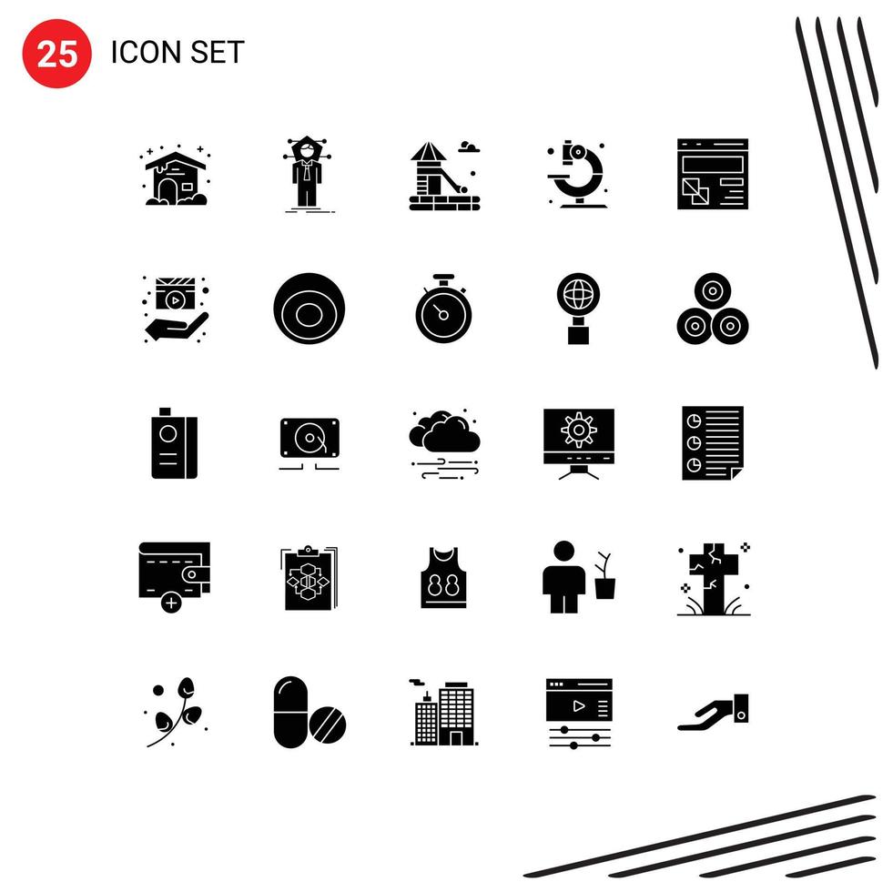 Modern Set of 25 Solid Glyphs Pictograph of development browser slider science medical Editable Vector Design Elements