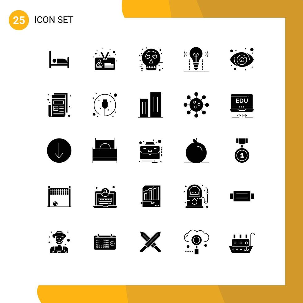 Pack of 25 creative Solid Glyphs of target science face solution bulb Editable Vector Design Elements