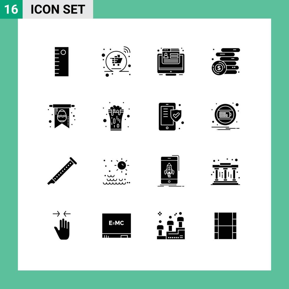 Modern Set of 16 Solid Glyphs Pictograph of wine easter browser card money Editable Vector Design Elements