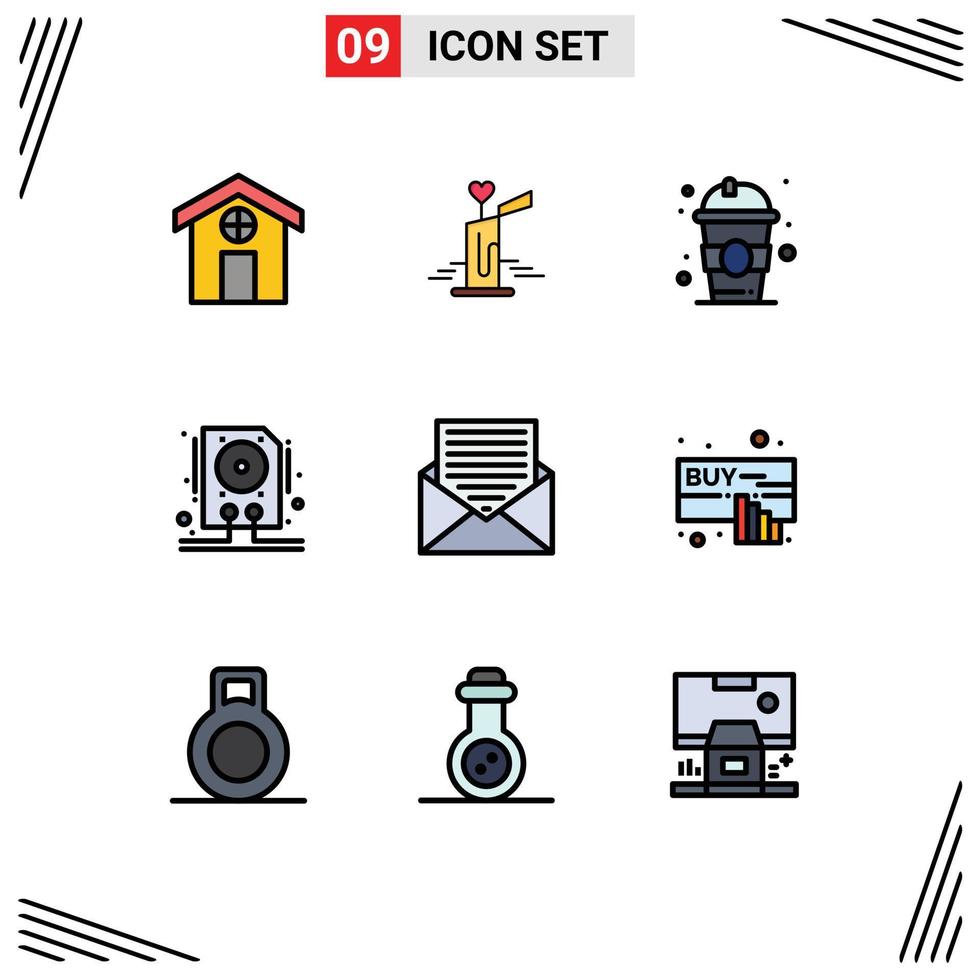 User Interface Pack of 9 Basic Filledline Flat Colors of email communication juice storage drive Editable Vector Design Elements