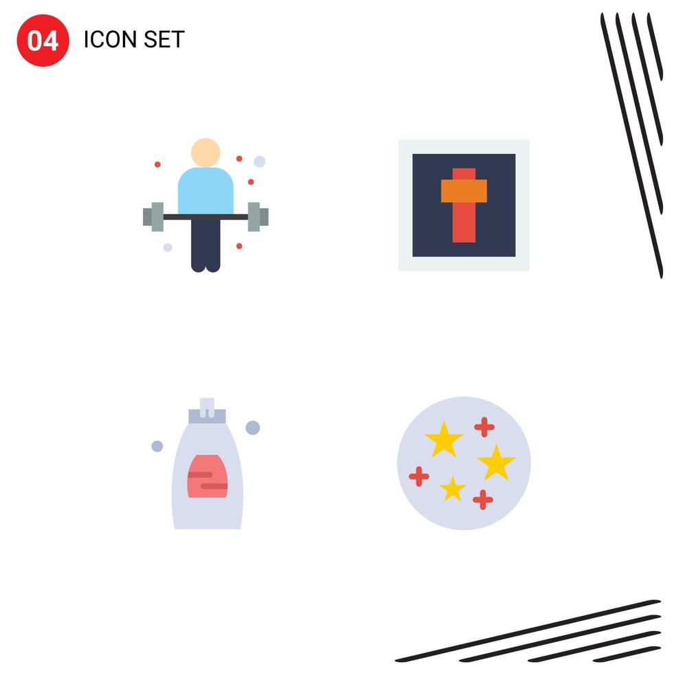 Universal Icon Symbols Group of 4 Modern Flat Icons of dumbbell cleaning gel weightlifting holiday soap Editable Vector Design Elements