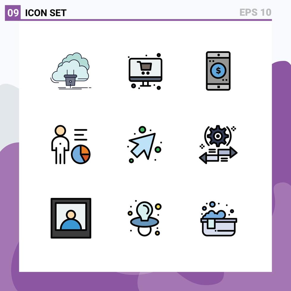 9 signos de color plano de línea de relleno universal símbolos de datos de monitor de eficiencia de persona elementos de diseño de vector editables en dólares