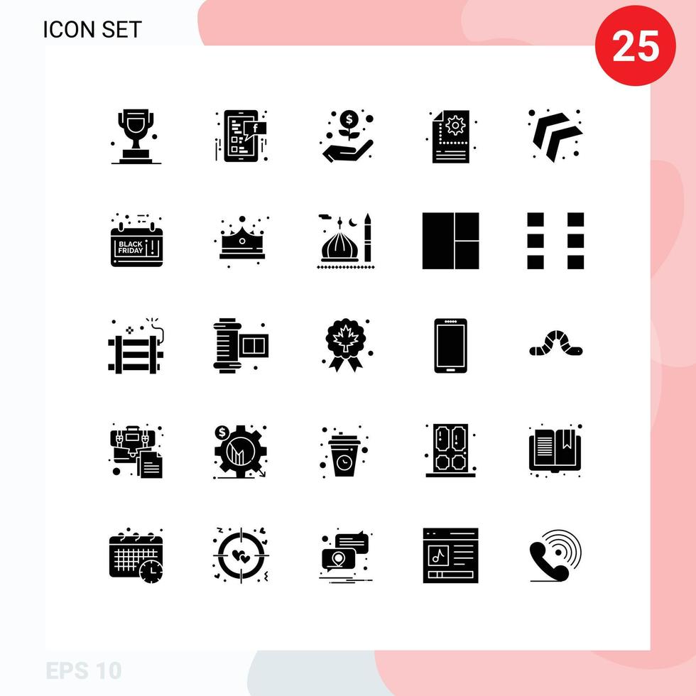 User Interface Pack of 25 Basic Solid Glyphs of left arrow hand setting process Editable Vector Design Elements