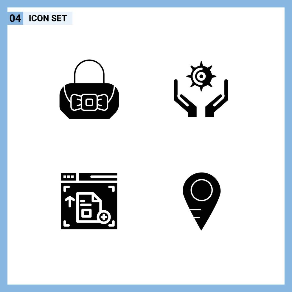 Modern Set of 4 Solid Glyphs and symbols such as bag webpage hands hold location Editable Vector Design Elements