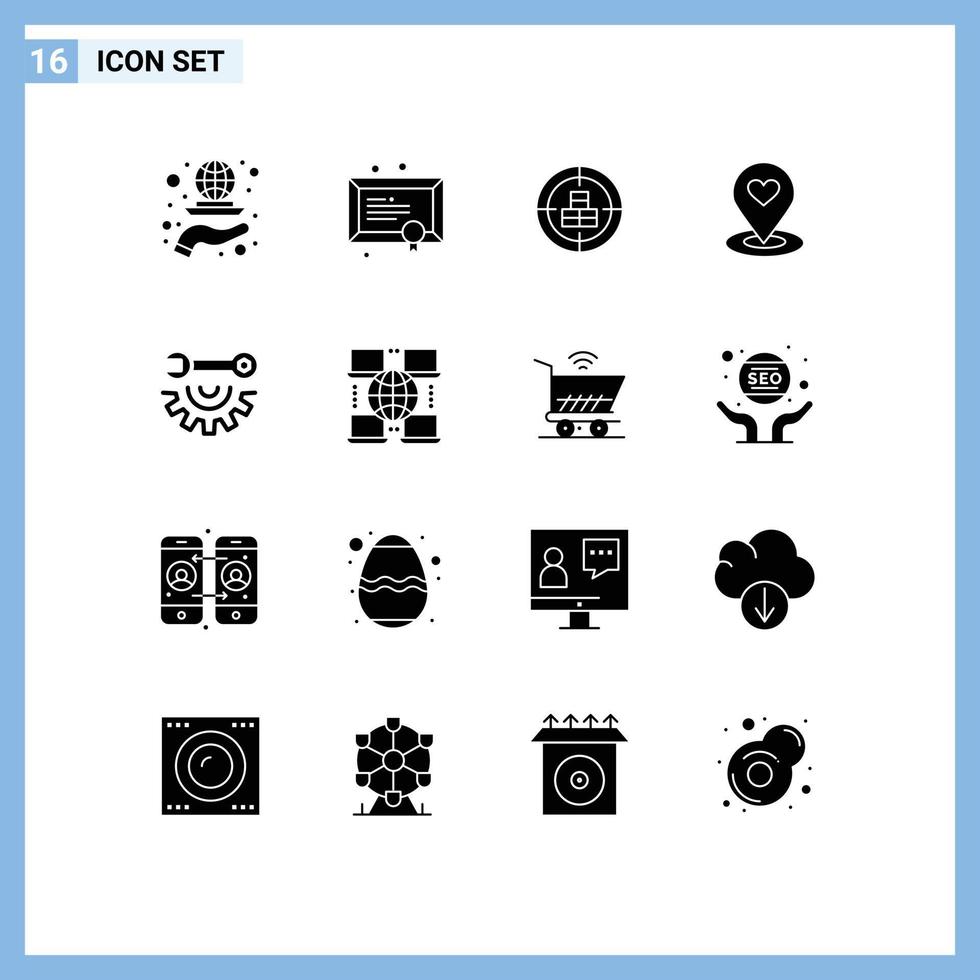 Group of 16 Modern Solid Glyphs Set for pin map study location target Editable Vector Design Elements