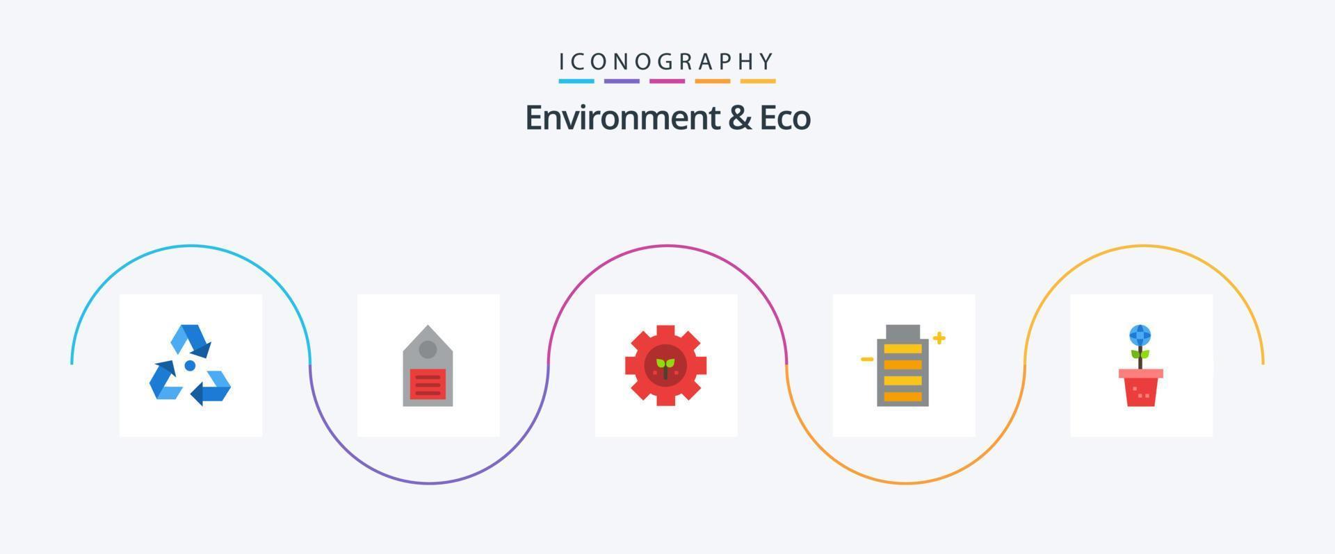 paquete de iconos de medio ambiente y eco plano 5 que incluye medio ambiente. ecología. etiqueta. batería. engranaje vector