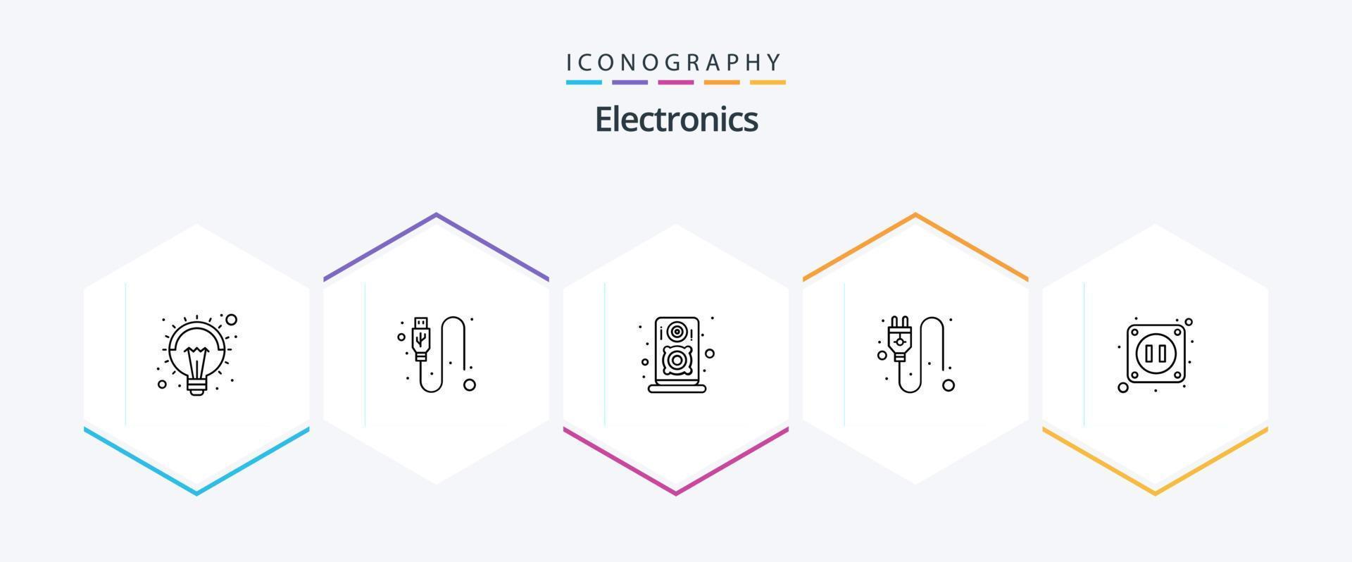 paquete de iconos de 25 líneas de electrónica que incluye . electricidad. audio. eléctrico. enchufar vector